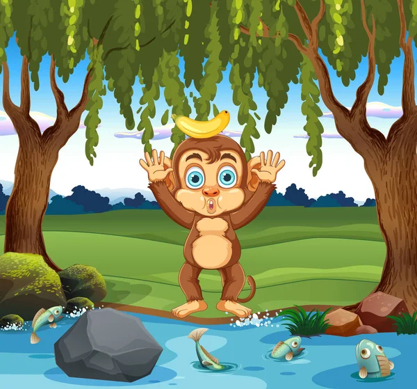 Αστεία Μαϊμού Στο Δάσος Εικόνα Σκηνή — Διανυσματικό Αρχείο