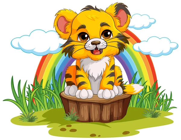 Baby Tiger Sitting Pose Rainbow Background Illustration — Stock Vector