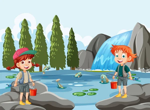 Bambini Personaggi Dei Cartoni Animati Esplorare Stagno Foresta Scena Illustrazione — Vettoriale Stock