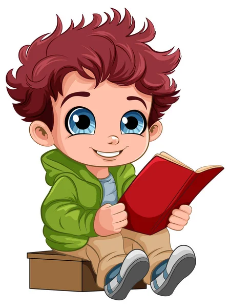 Bonito Menino Leitura Livro Desenho Animado Personagem Ilustração — Vetor de Stock
