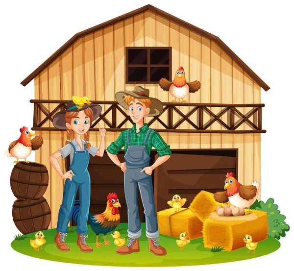 Cute Young Couple Farmer Farm Illustration — Stock Vector