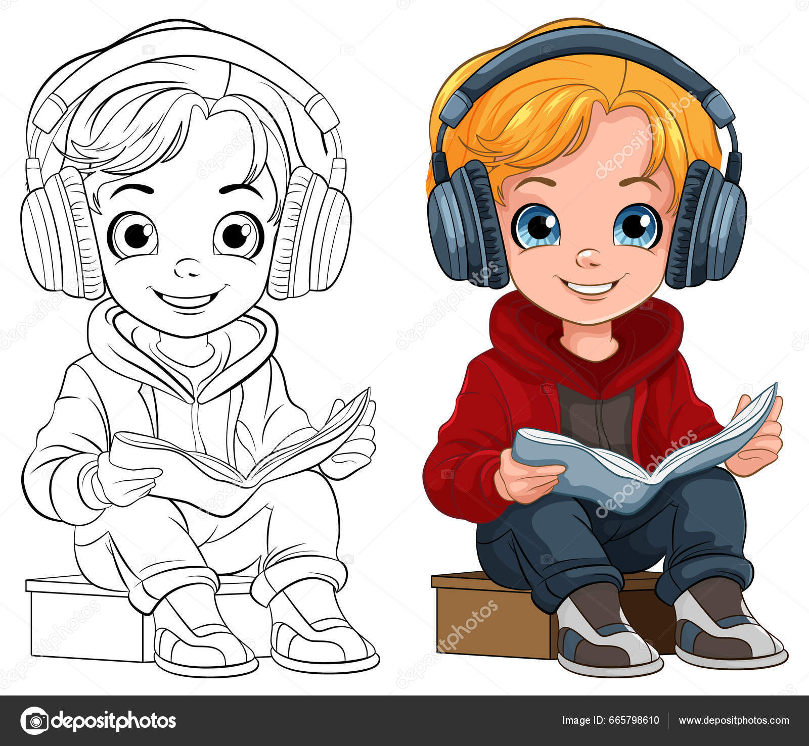 헤드셋 그림을 독서용 스톡 벡터 - ©interactimages 665798610, image size:1600x1477