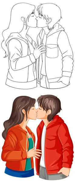 Couple Jeunes Embrasser Dessin Animé Illustration Contour Doodle — Image vectorielle