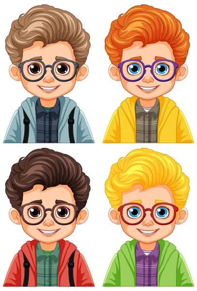 Sada Různých Chlapců Nosí Brýle Ilustrace — Stockový vektor