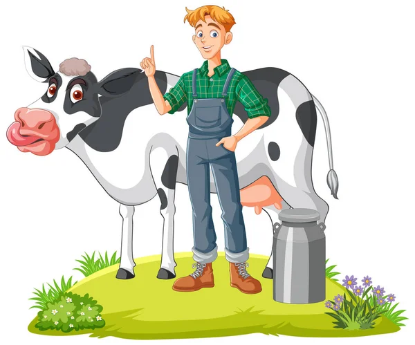 Фермерська Людина Молочною Коров Мультфільм Ілюстрація — стоковий вектор