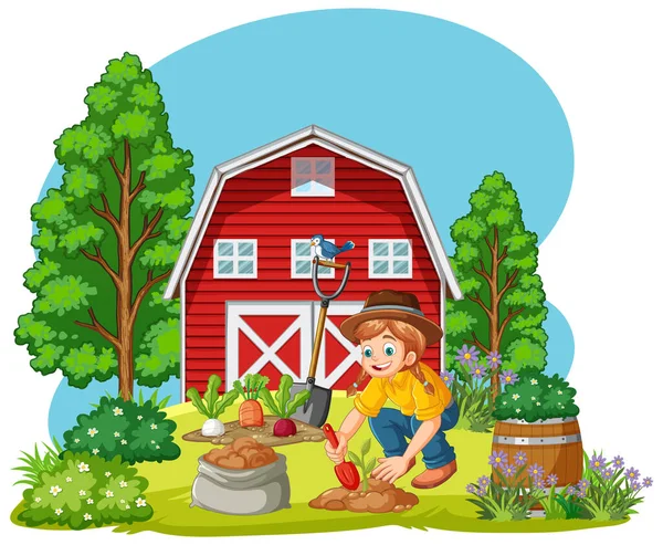 Αγροτική Σκηνή Κορίτσι Φύτευση Λαχανικών Απεικόνιση — Διανυσματικό Αρχείο