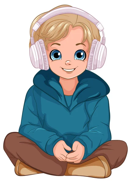 Niño Sentado Suelo Escuchando Música Con Ilustración Auriculares — Archivo Imágenes Vectoriales