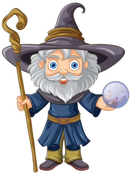 Old Wizard Wearing Hat Long Beard Holding Stick Illustration — Stock Vector