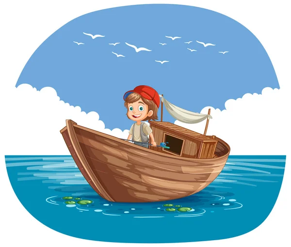 Niño Feliz Pesca Barco Madera Ilustración — Vector de stock