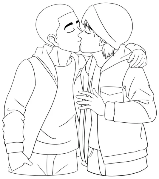 Gay Couple Doodle Outline Kissing Illustration — Stock Vector