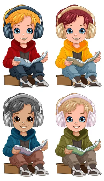 Αγόρι Που Διαβάζει Ένα Βιβλίο Και Φοράει Ακουστικά — Διανυσματικό Αρχείο