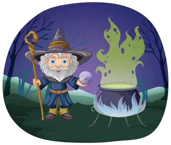 Wizard Cartoon Personaj Poțiune Cauldron Ilustrație — Vector de stoc