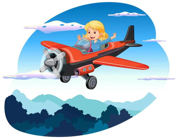Happy Girl Riding Plane Sky Ilustração — Vetor de Stock