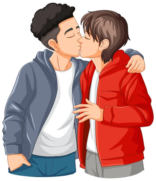 Gay Casal Cartoon Beijos Ilustração — Vetor de Stock
