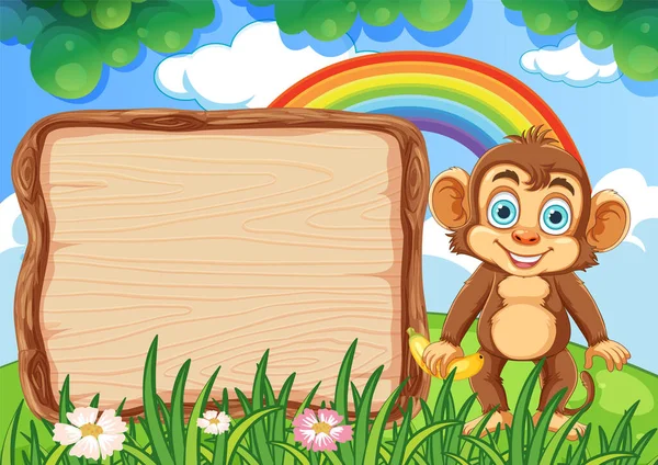 Roztomilá Opice Prázdnou Dřevěnou Deskou Ilustrace — Stockový vektor
