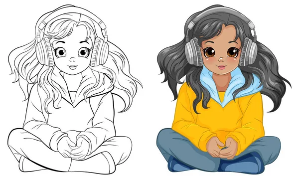 Κορίτσι Κάθεται Στο Πάτωμα Ακούγοντας Μουσική Ακουστικά Και Doodle Εικονογράφηση — Διανυσματικό Αρχείο