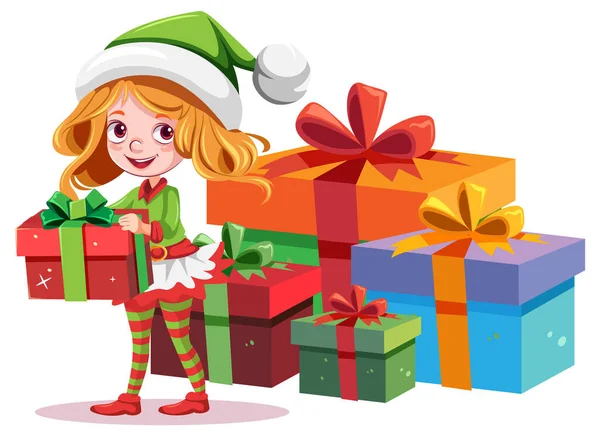 Різдвяний Персонаж Мультфільму Ельфа Ілюстрацією Подарункової Коробки — стоковий вектор