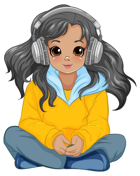 女青年头戴耳机 听音乐 坐在地上插画 — 图库矢量图片