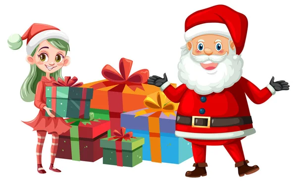Weihnachtsmann Und Niedliche Elfen Lieferung Geschenk Box Illustration — Stockvektor