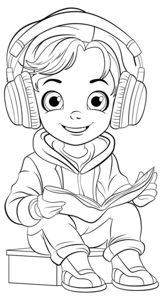 Pojke Läser Bok Och Bär Headset Doodle Kontur Illustration — Stock vektor