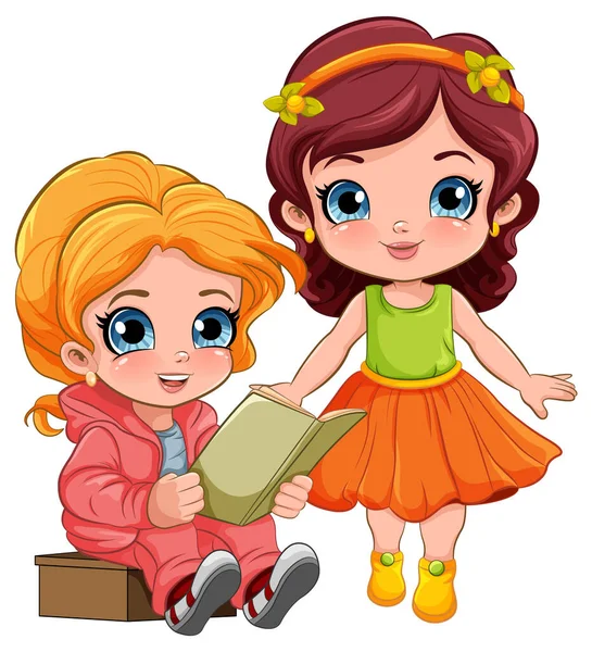 Χαριτωμένο Κορίτσι Ανάγνωση Βιβλίο Εικονογράφηση Χαρακτήρα Κινουμένων Σχεδίων — Διανυσματικό Αρχείο