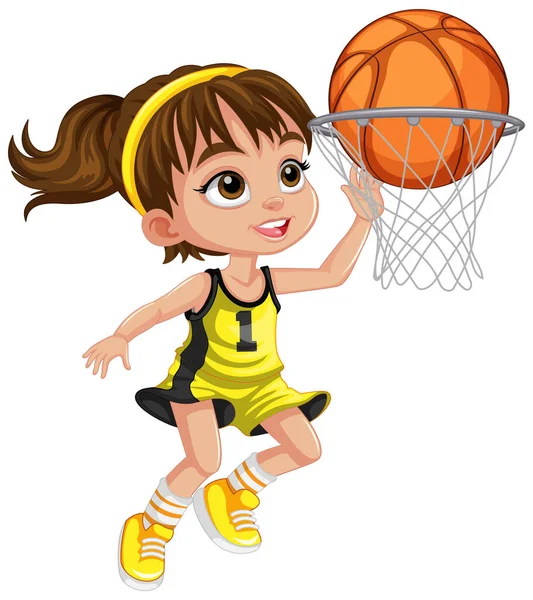 Nettes Mädchen Schießt Basketball Den Reifen Illustration — Stockvektor
