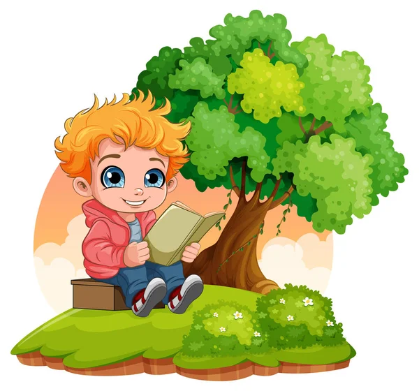 Boy Reading Book Garden Illustration — Stockový vektor