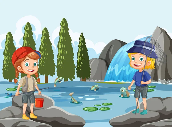 儿童卡通人物在森林场景中探索池塘图解 — 图库矢量图片