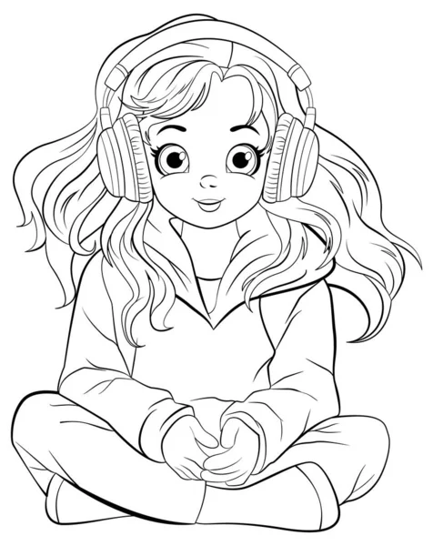 Doodle Lány Visel Headset Zenét Hallgatni Illusztráció — Stock Vector