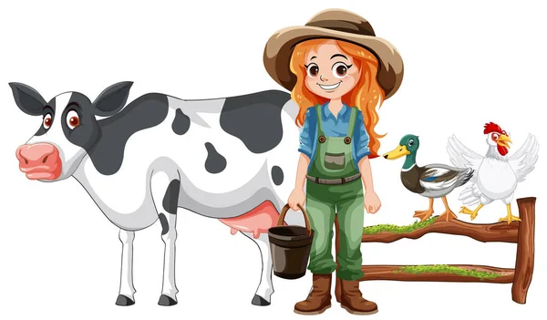 Cute Farmer Woman Cartoon Character Illustration — Stock Vector