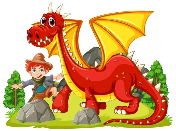赤い龍と男の子のキャラクターイラスト — ストックベクタ