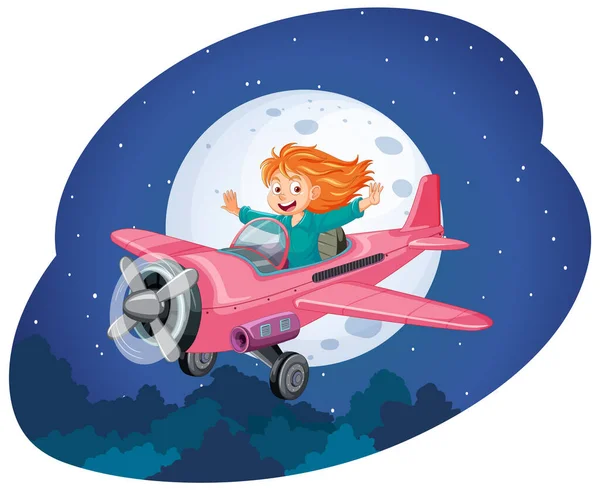Happy Girl Riding Plane Night Illustration — Stock Vector