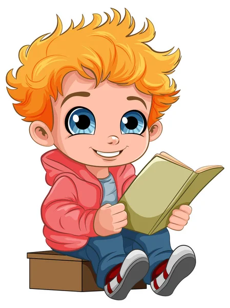 Roztomilý Chlapec Čtení Knihy Kreslený Znak Ilustrace — Stockový vektor
