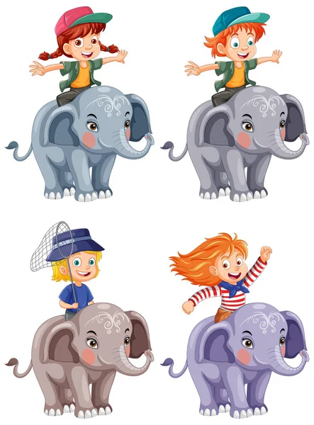 Coleção Crianças Diferentes Montando Elefantes Ilustração —  Vetores de Stock