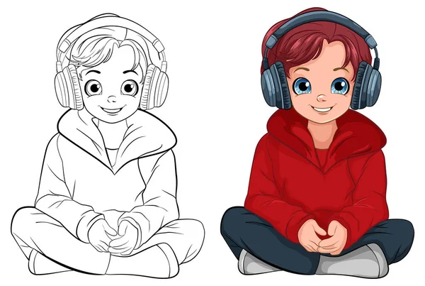 Αγόρι Κάθεται Στο Πάτωμα Ακούγοντας Μουσική Ακουστικά Και Doodle Εικονογράφηση — Διανυσματικό Αρχείο