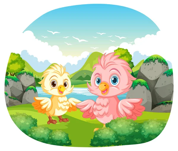 Bébés Oiseaux Dans Forêt Illustration Scène — Image vectorielle
