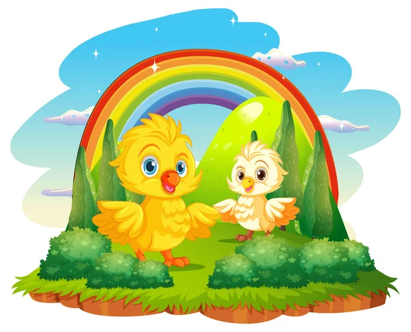 Cute Yellow Chick Small Forest Scene Illustration — Stock Vector