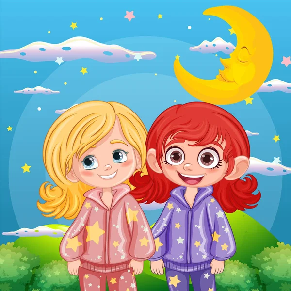 Δύο Φίλοι Στον Κήπο Νύχτα Φορώντας Πιτζάμες Εικονογράφηση — Διανυσματικό Αρχείο