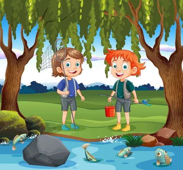 森の中の池を探索する子供漫画のキャラクターイラスト — ストックベクタ