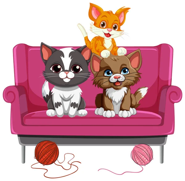 Three Cats Sitting Sofa Illustration — Stock Vector