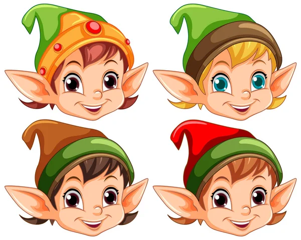 Farklı Elf Çocuk Başları Koleksiyonu Illüstrasyonu — Stok Vektör