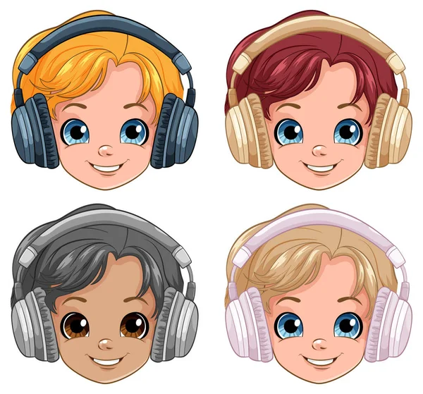 Kulaklık Takan Gülümseyen Bir Grup Çocuk — Stok Vektör