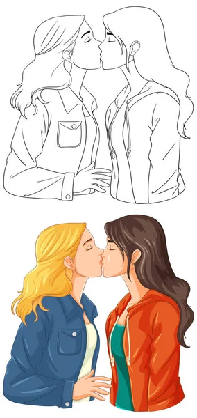 Couple Lesbien Embrasse Une Illustration Contour Doodle — Image vectorielle