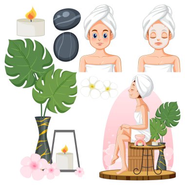 Spa ve Sauna Kişisel Bakım Elementleri Koleksiyonu illüstrasyonu