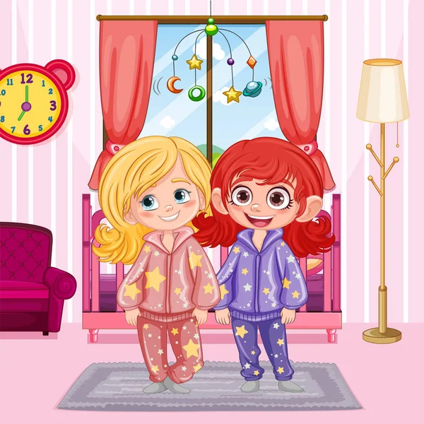 Çocuklar Yatak Odasında Pijama Resimli — Stok Vektör