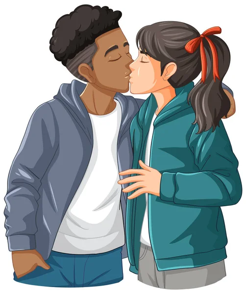 Casal Interracial Desenho Animado Beijando Ilustração — Vetor de Stock