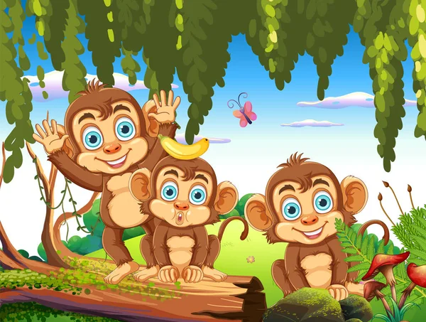 Three Monkeys Forest Illustration — Stock Vector