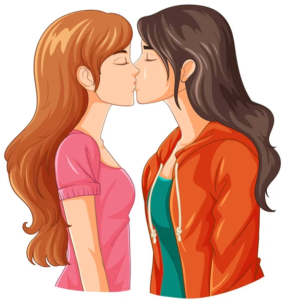 Lesbijki Para Kreskówka Całowanie Ilustracja — Wektor stockowy