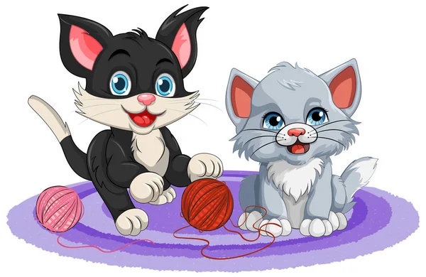Twee Kittens Met Garen Ballen Illustratie — Stockvector