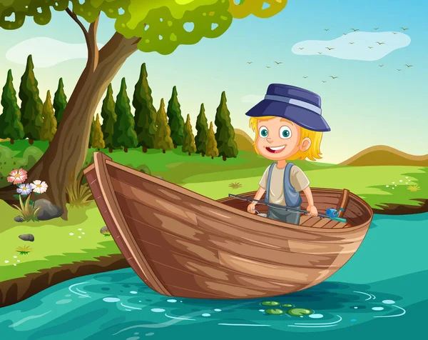 自然の図では 川での木製のボートで漁師釣り — ストックベクタ